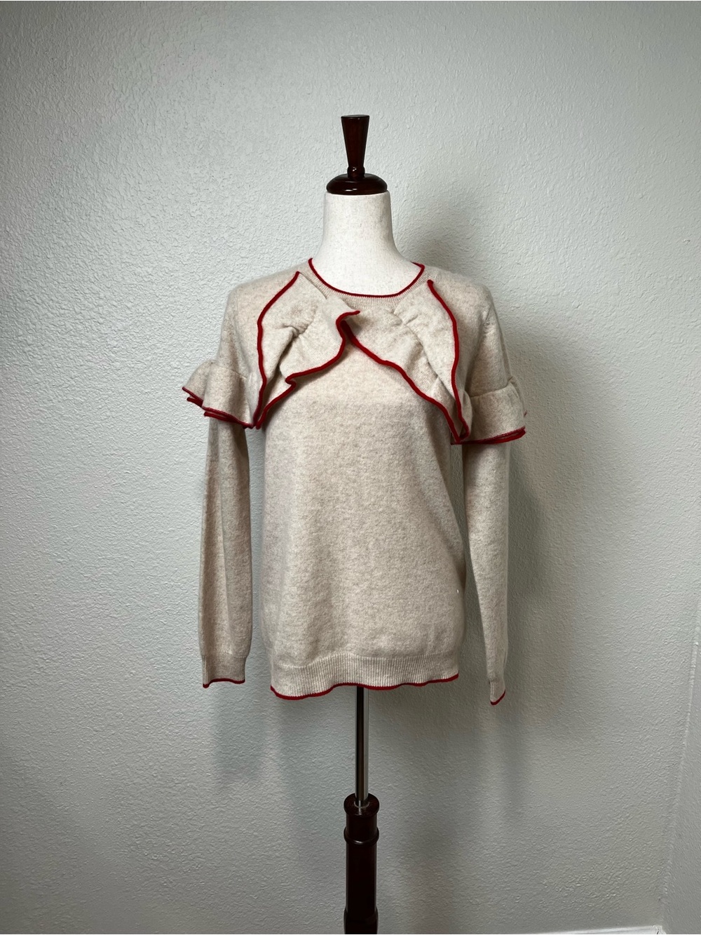 MADELEINE THOMPSON Cashmere Sweater with Red Trim and Ruffle Accent Size M